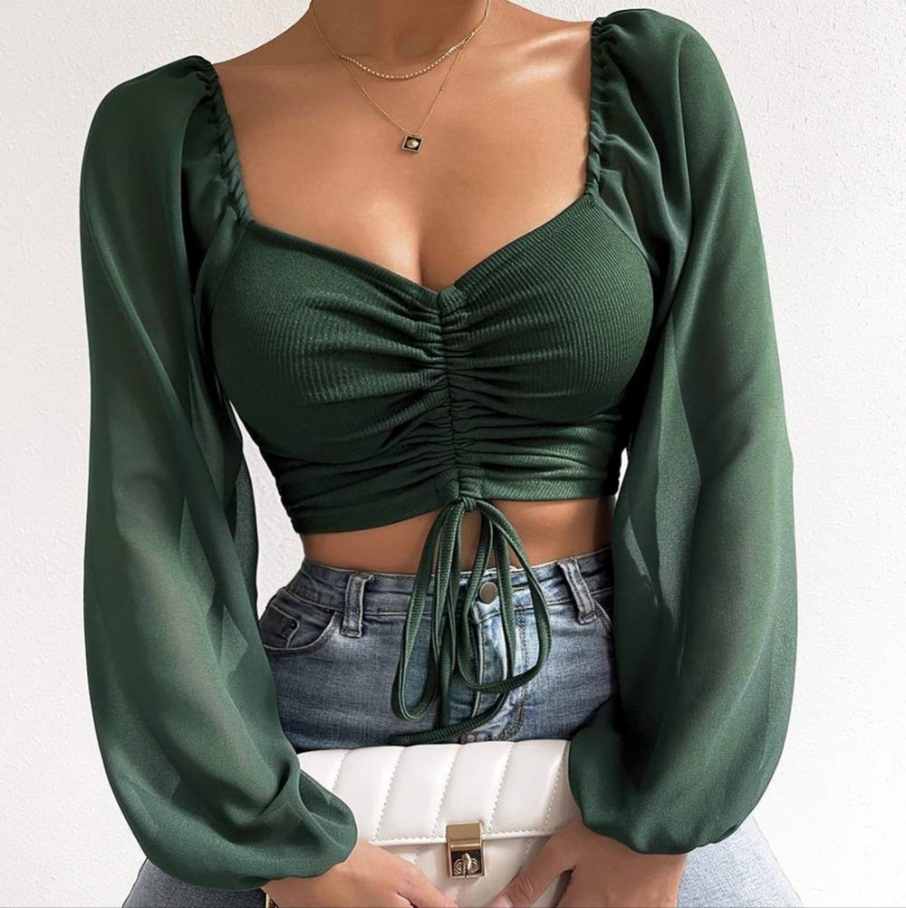 Sweet Talk Drawstring Crop Top - Army Green